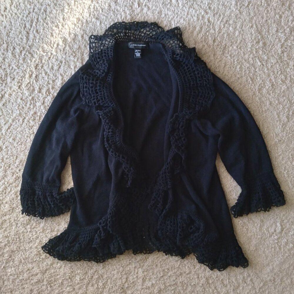 Vintage Cable and Gauge Black Open Front Cardigan with Crochet Ruffles Size L